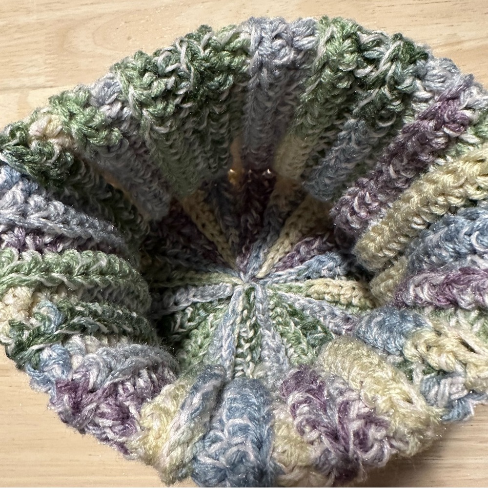 New Handmade Crochet Rib Beanie Fold over Hat Green Yellow Blue Purple Speckled - Picture 7 of 10